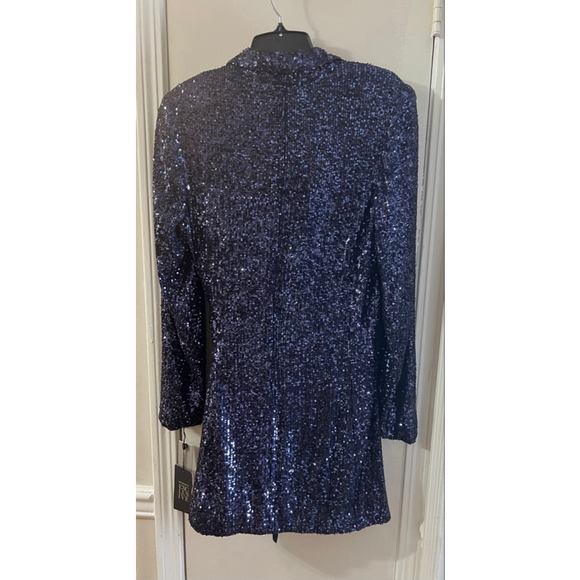 NWT $595 Rickie Freeman for Teri Jon Blue Sequin Wrap Dress Blazer SZ 12 - Picture 6 of 8